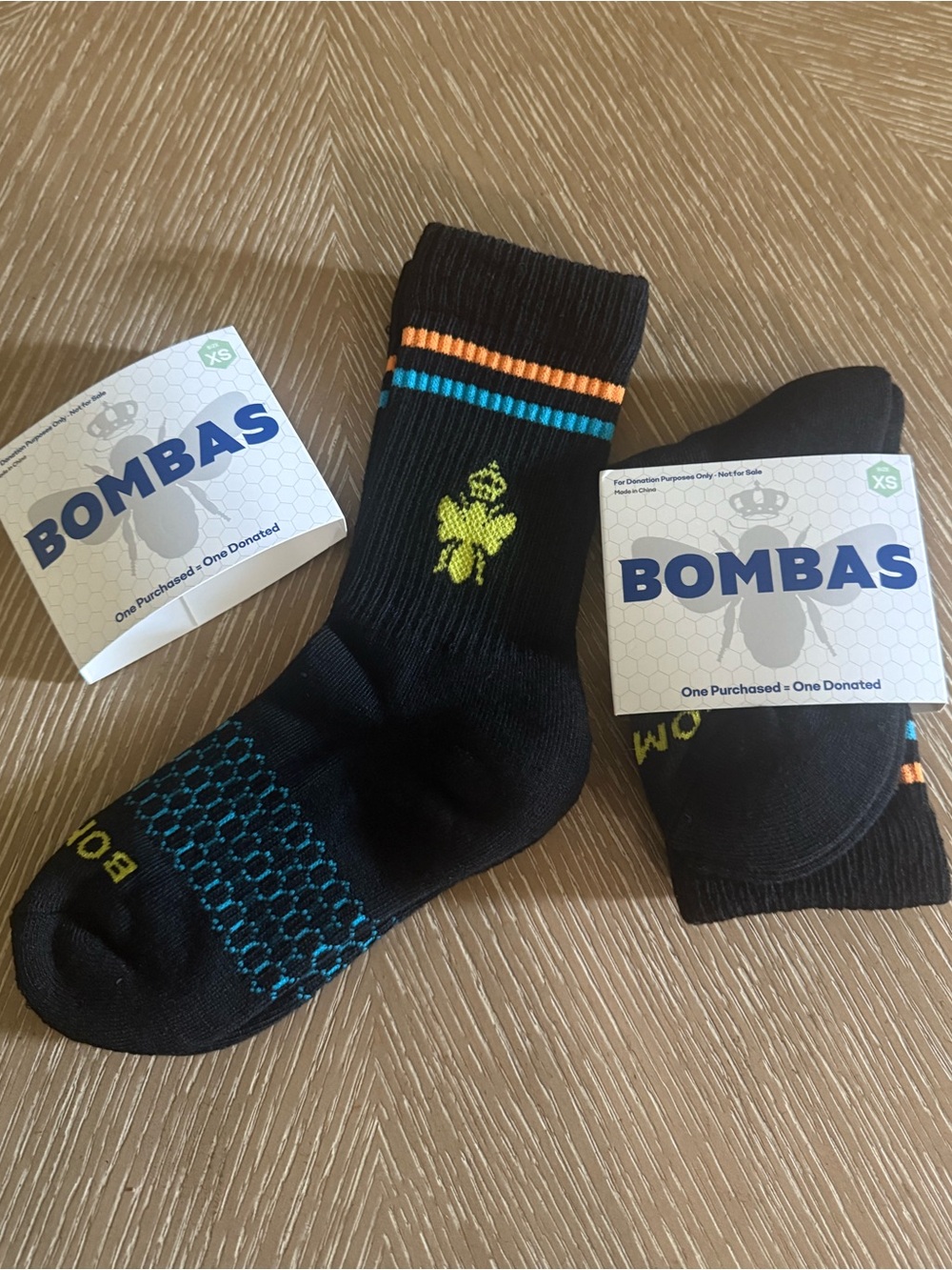 Bombas Youth XS Black Athletic Crew Socks with Blue & Orange Accents 2 Pack NWT
